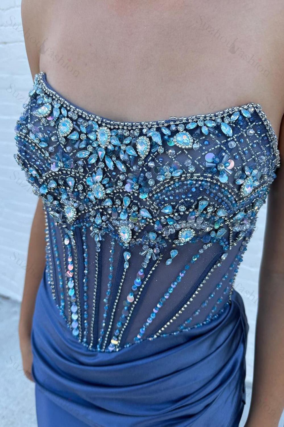 Suzhoufashion Dusty Blue Prom Dress Strapless Corset Long Formal Dress With Slit Suzhoufashion Dusty Blue Prom Dress Strapless Corset Long Formal Dress With Slit