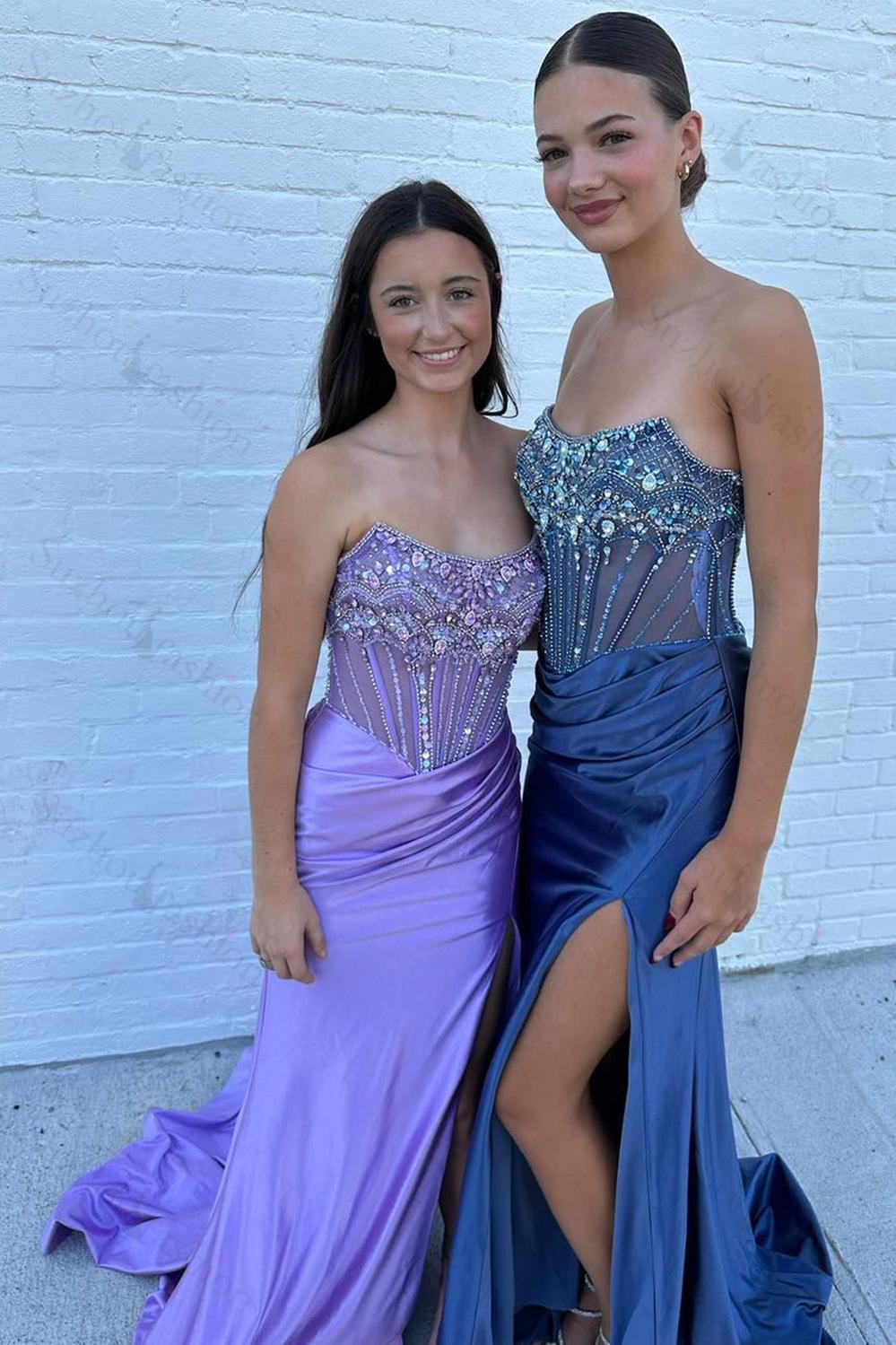 Suzhoufashion Dusty Blue Prom Dress Strapless Corset Long Formal Dress With Slit Suzhoufashion Dusty Blue Prom Dress Strapless Corset Long Formal Dress With Slit