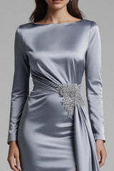 Suzhoufashion Dusty Blue Satin Mermaid Backless Long Sleeves Prom Dress With Slit