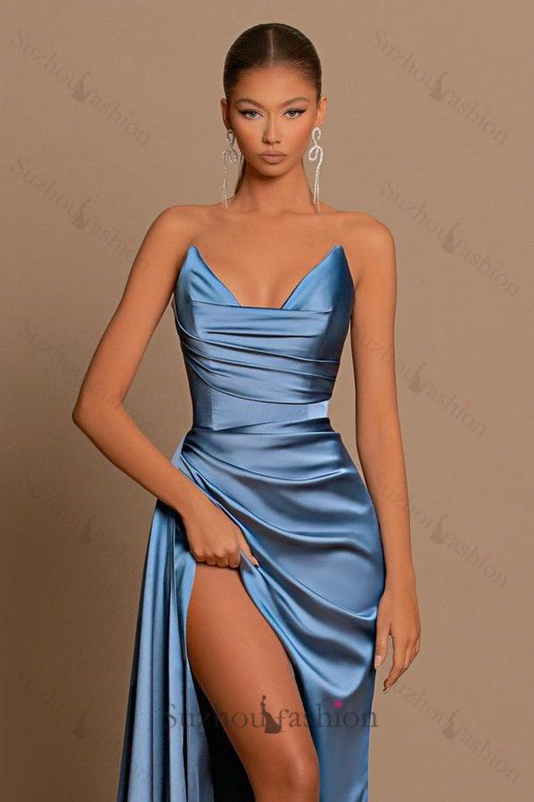 Dusty Blue Sweetheart Evening Prom Dress Mermaid Slit Long Wedding Guest Dress