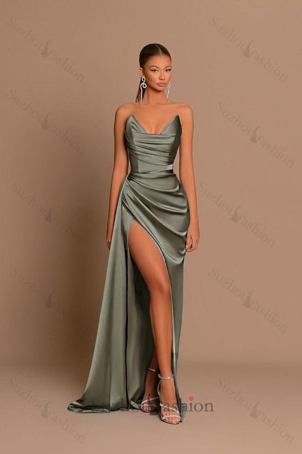 Dusty Blue Sweetheart Evening Prom Dress Mermaid Slit Long Wedding Guest Dress