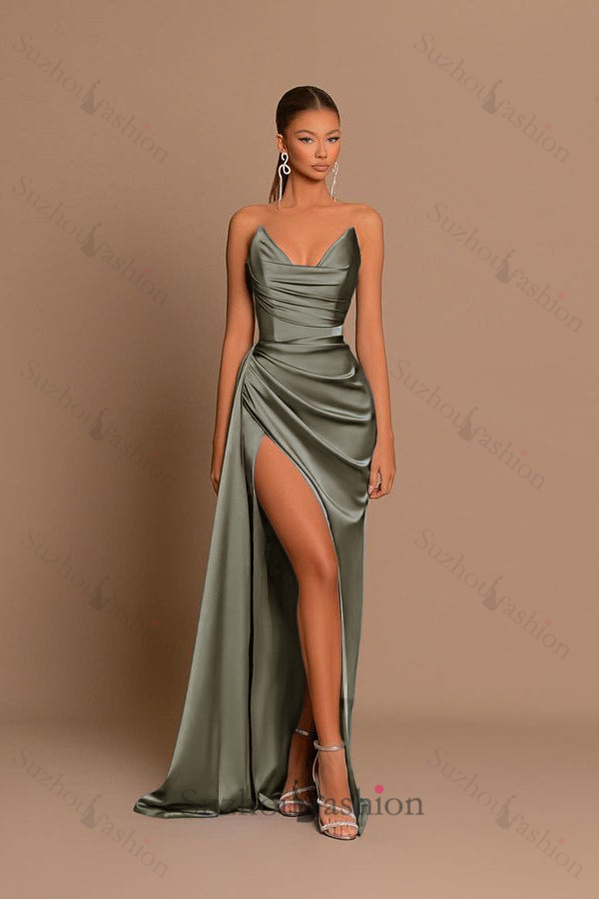 Dusty Blue Sweetheart Evening Prom Dress Mermaid Slit Long Wedding Guest Dress