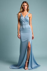 Dusty Blue Wedding Guest Dress Sheath Spaghetti Straps Long Formal Dress With Slit