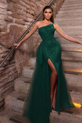 Dusty Pink Prom Dress One Shoulder Ruffle Beadings Mermaid Evening Formal Dress Split with Tulle