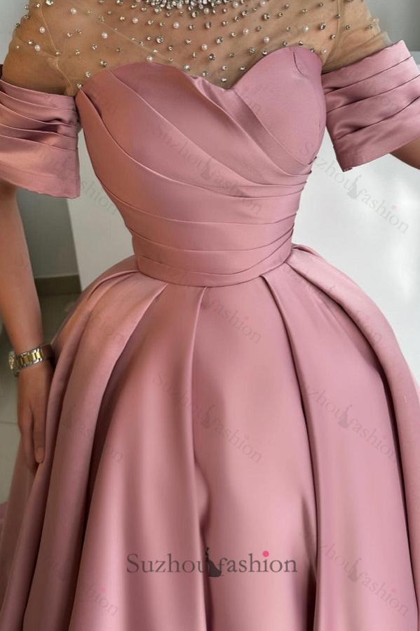Dusty Rose A Line Satin Rhinestones Formal Dress With Short Sleeves
