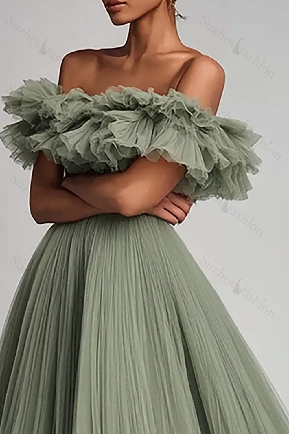 Suzhoufashion Dusty Sage Prom Dress Tulle A Line Long Formal Dress With Ruffles