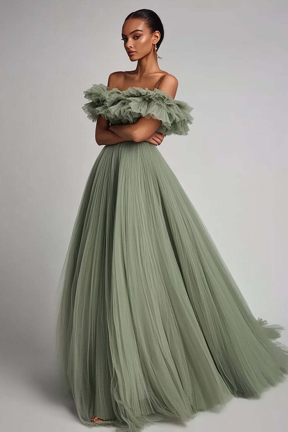 Suzhoufashion Dusty Sage Prom Dress Tulle A Line Long Formal Dress with Ruffles Suzhoufashion Dusty Sage Prom Dress Tulle A Line Long Formal Dress with Ruffles