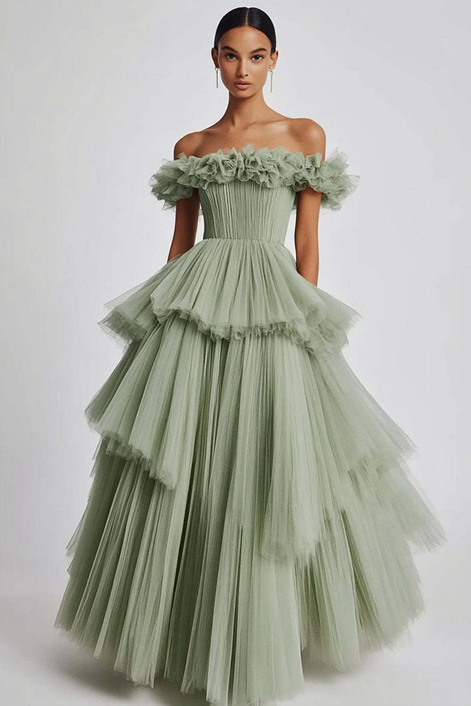 Suzhoufashion Dusty Sage Prom Dress Tulle Off The Shoulder Ball Gown Formal Dress With Ruffles suzhoufashion Suzhoufashion Dusty Sage Prom Dress Tulle Off The Shoulder Ball Gown Formal Dress With Ruffles suzhoufashion