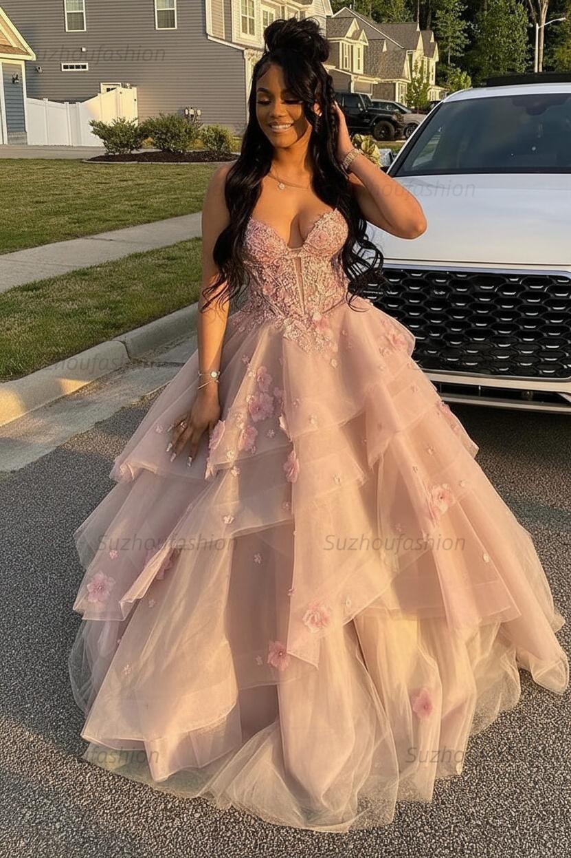 Suzhoufashion Women Sage Prom Dress Floral Tiered Ruffles A-Line Sweetheart  Corset Long Formal Dress  suzhoufashion
