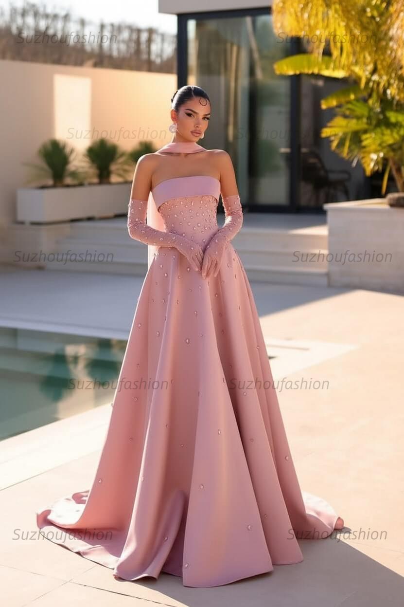 Strapless Formal Dress Light Blue Beaded A Line Prom Evening Dress