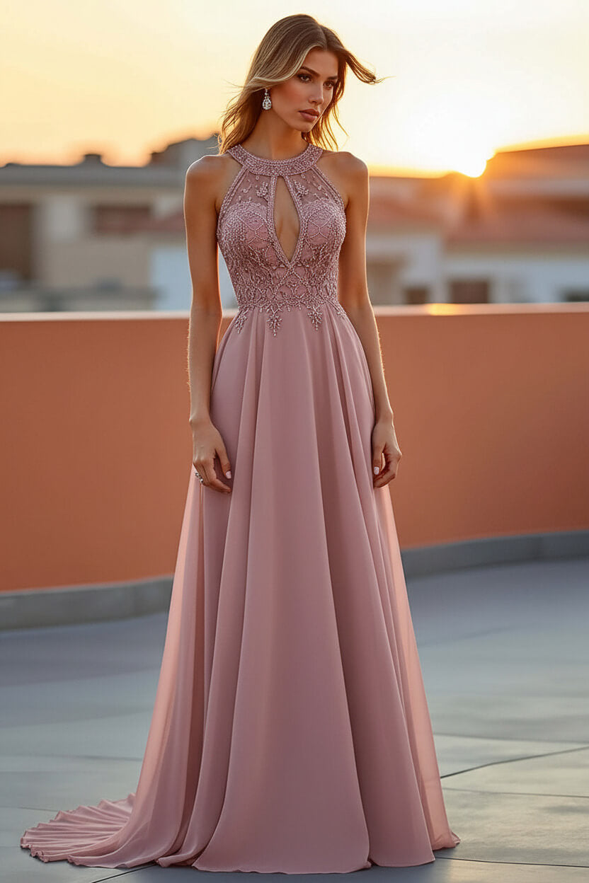 Beaded Navy Wedding Guest Dress Halter Long Formal Dress With Embroideries