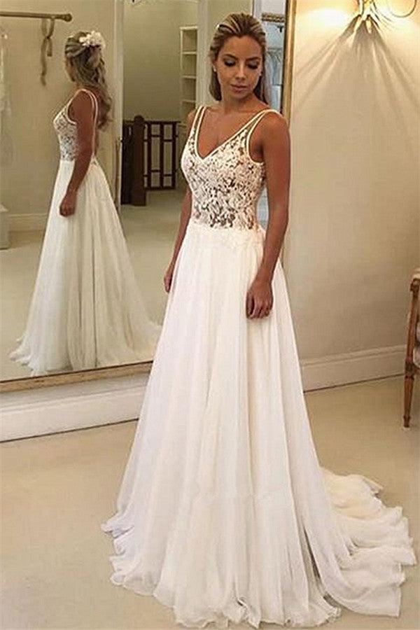 Elegant A-Line Backless Lace Appliques Bridal Gown | Chiffon Sleeveless Slim Wedding Dress