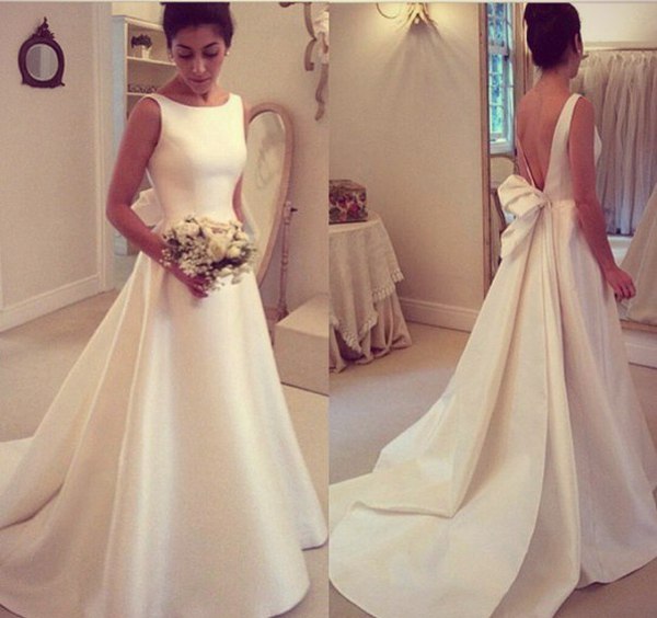 Elegant A-Line Backless Wedding Dresses Sleeveless Bowknot Sweep Train Bridal Gowns BA4237