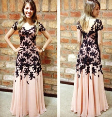 Elegant A-Line Black Lace Applique Prom Dress Short Sleeve Chiffon Long Evening Gown