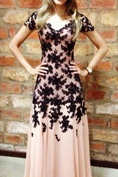 Elegant A-Line Black Lace Applique Prom Dress Short Sleeve Chiffon Long Evening Gown