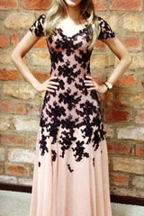 Elegant A-Line Black Lace Applique Prom Dress Short Sleeve Chiffon Long Evening Gown