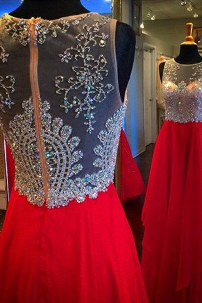 Elegant A-Line Chiffon Long Prom Dress with Beading Red Crystal Zipper Evening Gown