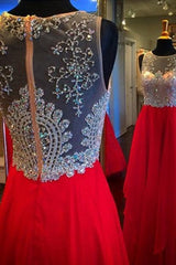 Elegant A-Line Chiffon Long Prom Dress with Beading Red Crystal Zipper Evening Gown