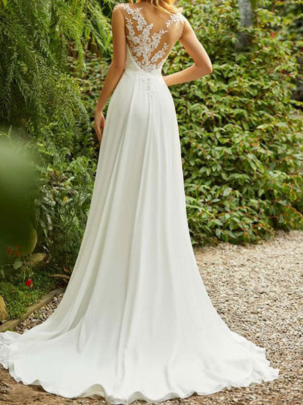 Elegant A-Line Chiffon White Lace Sweetheart Beach Wedding Dresses