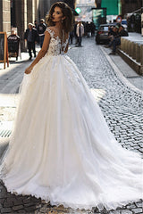 Elegant A-Line Overskirt Long Wedding Dresses | Sleeveless Lace Appliques Bridal Gown