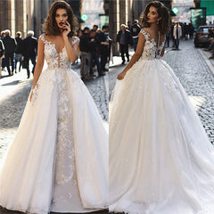 Elegant A-Line Overskirt Long Wedding Dresses | Sleeveless Lace Appliques Bridal Gown