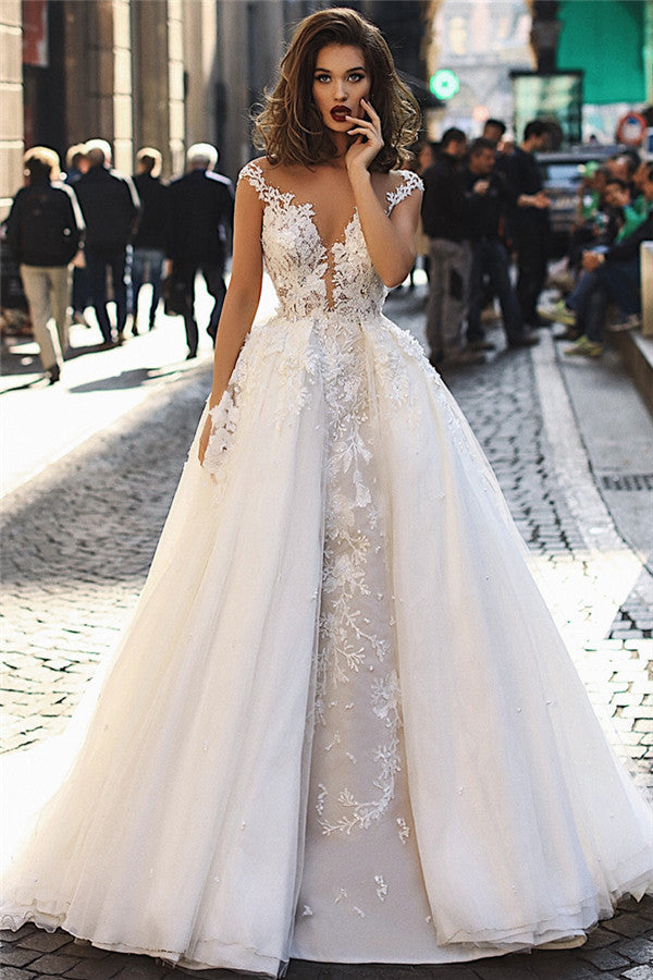 Elegant A-Line Overskirt Long Wedding Dresses | Sleeveless Lace Appliques Bridal Gown