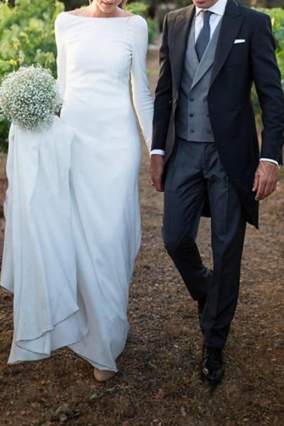 Elegant A-Line Wedding Dresses Off Shoulder Satin Long Sleeve Formal Plus Size Bridal Gowns with Sweep Train