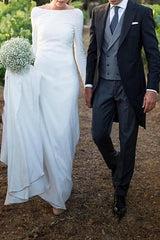 Elegant A-Line Wedding Dresses Off Shoulder Satin Long Sleeve Formal Plus Size Bridal Gowns with Sweep Train