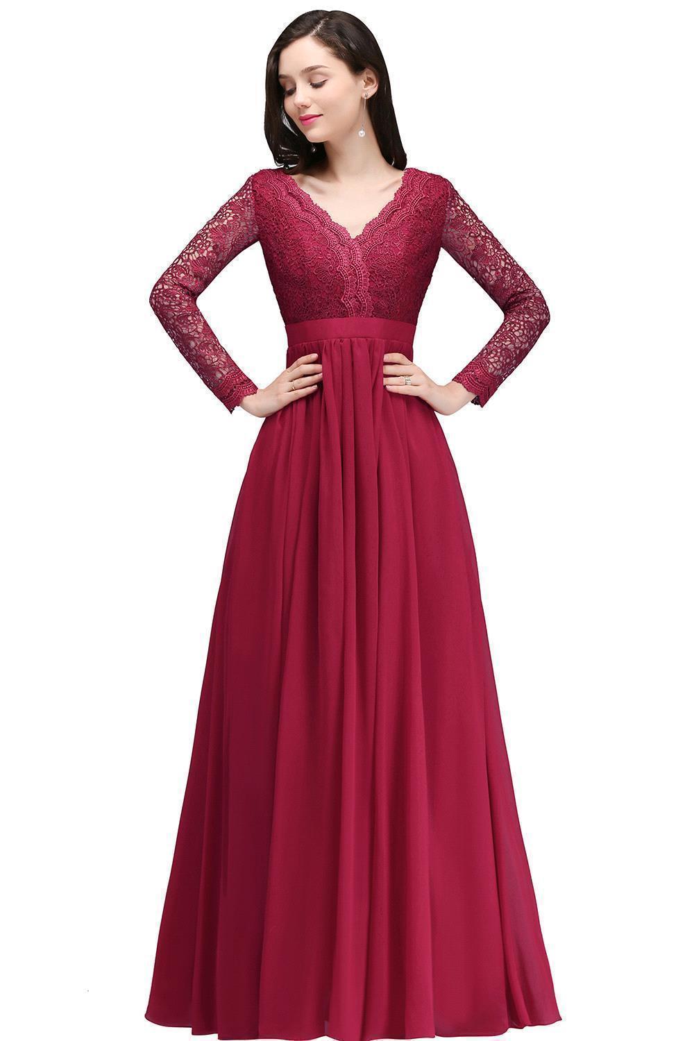 Elegant A-line Chiffon Lace Long Sleeves Evening Dress in Stock