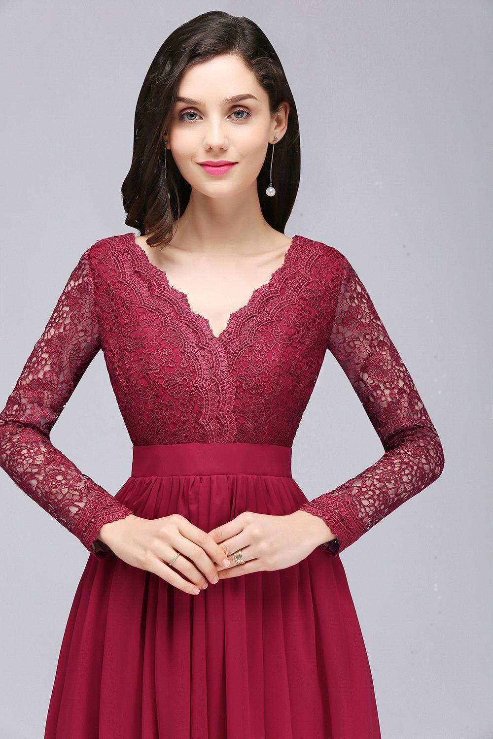 Elegant A-line Chiffon Lace Long Sleeves Evening Dress in Stock
