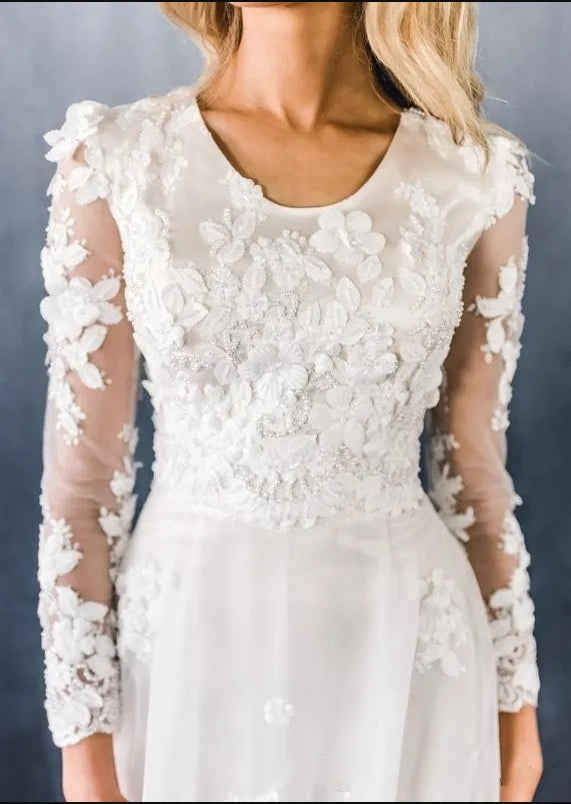 Elegant Appliques A-line Beach Wedding Dresses | Lace Long Sleeve Bridal Gowns Online