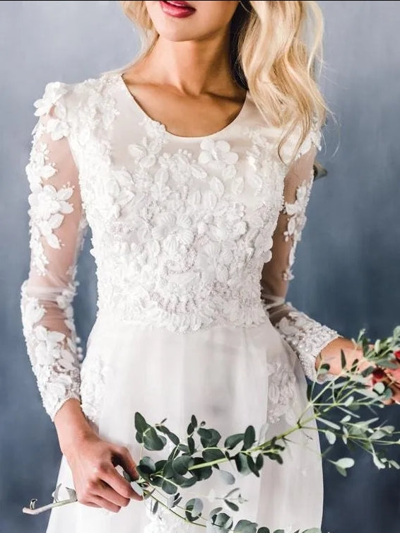 Elegant Appliques A-line Beach Wedding Dresses | Lace Long Sleeve Bridal Gowns Online