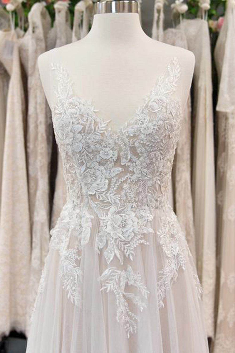 Elegant Appliques A-line V-neck Wedding Dress | Straps Sleeveless Tulle Bridal Gowns