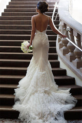 Elegant Backless Tulle Spaghetti-Strap Mermaid Sweep-Train Wedding Dresses
