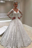 Elegant Ball-Gown Long-Sleeves Bridal Dresses | Lace Appliques A-Line Wedding Dresses