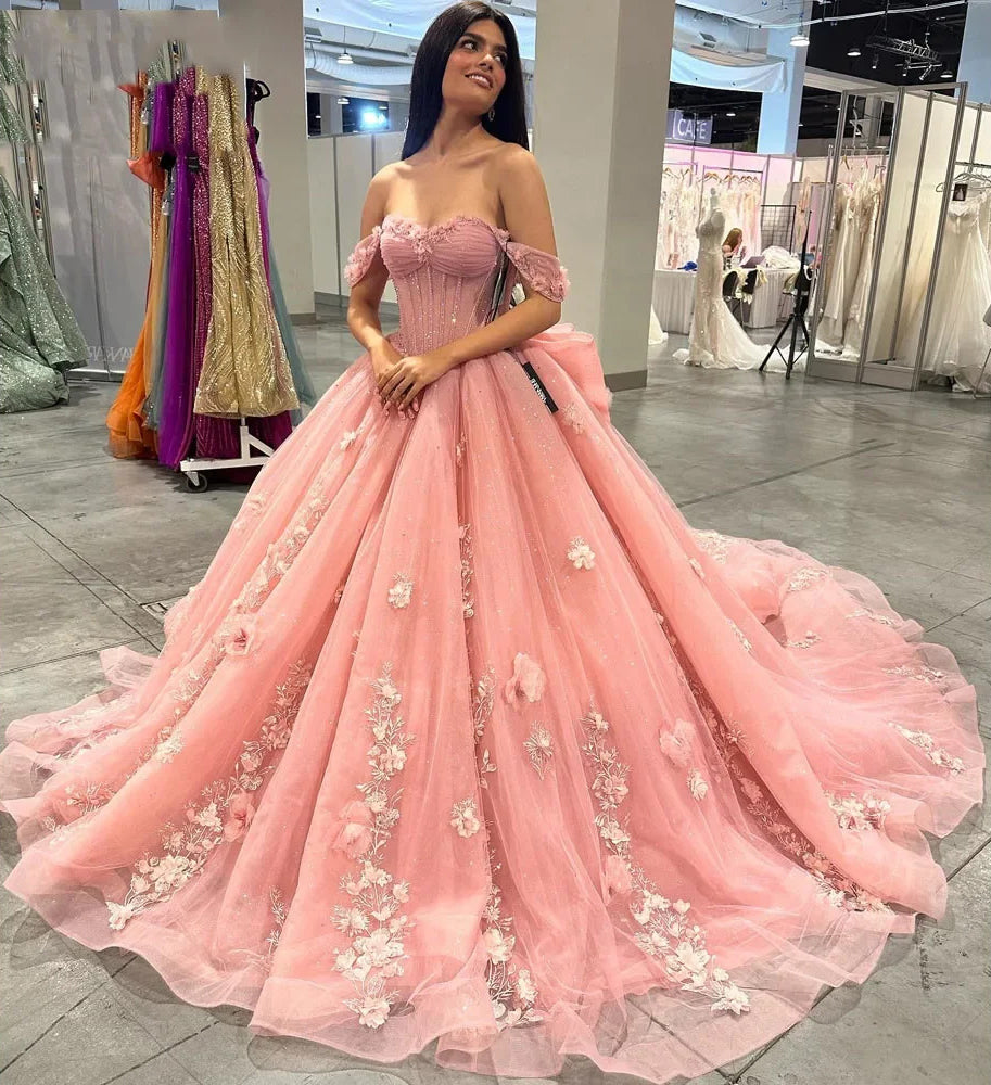 Elegant Ball Gown Off Shoulder 3D Flower Lace Appliques Pink Tulle Qui suzhoufashion Elegant Ball Gown Off Shoulder 3D Flower Lace Appliques Pink Tulle Qui suzhoufashion