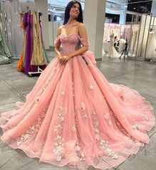 Elegant Ball Gown Off Shoulder 3D Flower Lace Appliques Pink Tulle Quinceanera Dress For Sweet 16