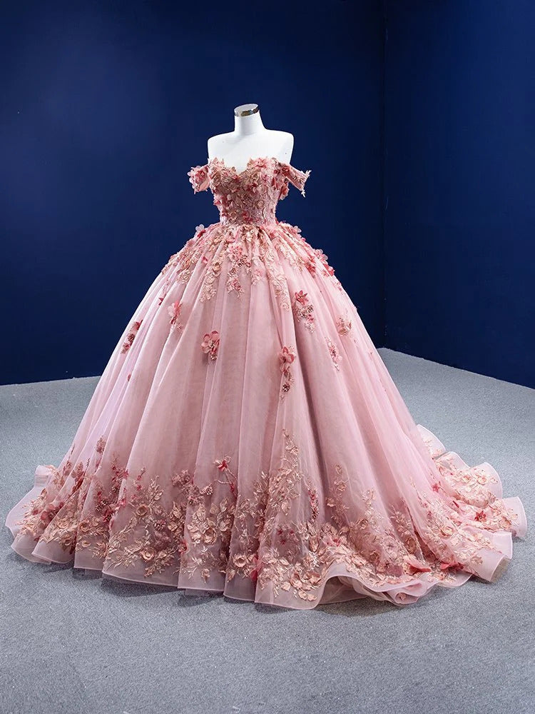 Elegant Ball Gown Off Shoulder 3D Flowers Lace Appliques Pink Tulle Quinceanera Dress For Sweet 16 Dress