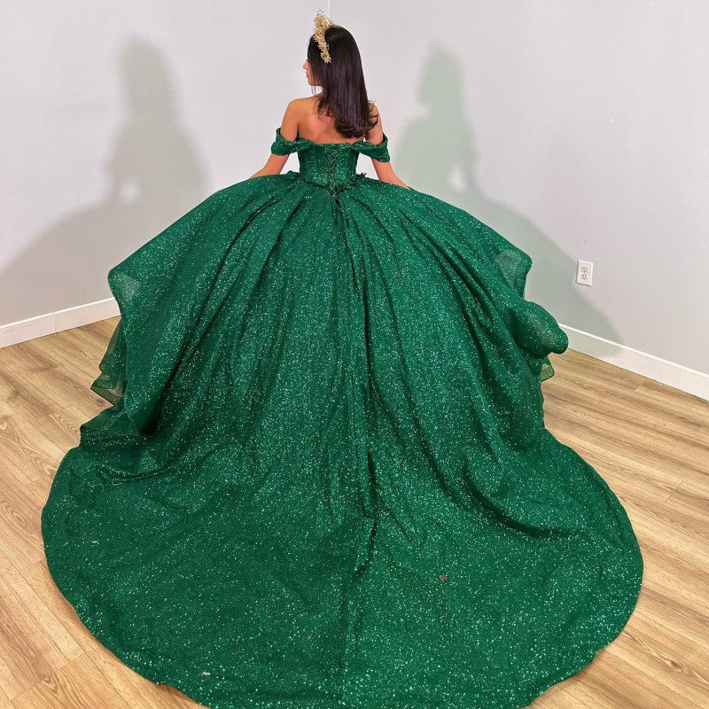 Elegant Ball Gown Off Shoulder Appliques Green Sparkly Tulle Princess Quinceanera Dress For Sweet 16