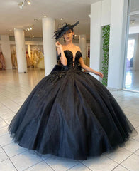 Elegant Ball Gown Off Shoulder Deep V Neck Lace Appliques Black Tulle Quinceanera Dress For Sweet 16