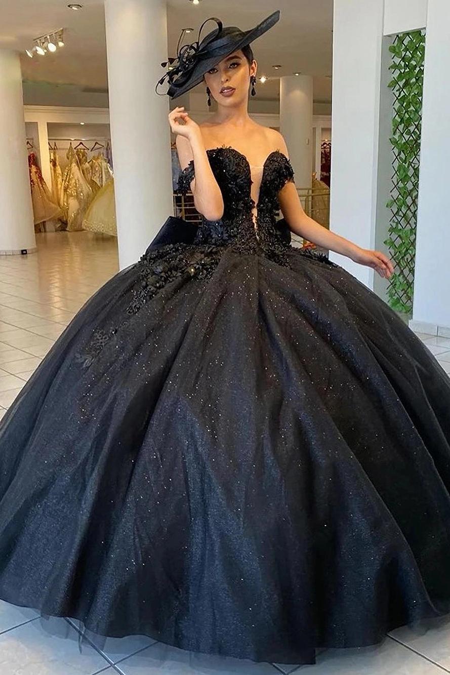 Elegant Ball Gown Off Shoulder Deep V Neck Lace Appliques Black Tulle Quinceanera Dress For Sweet 16