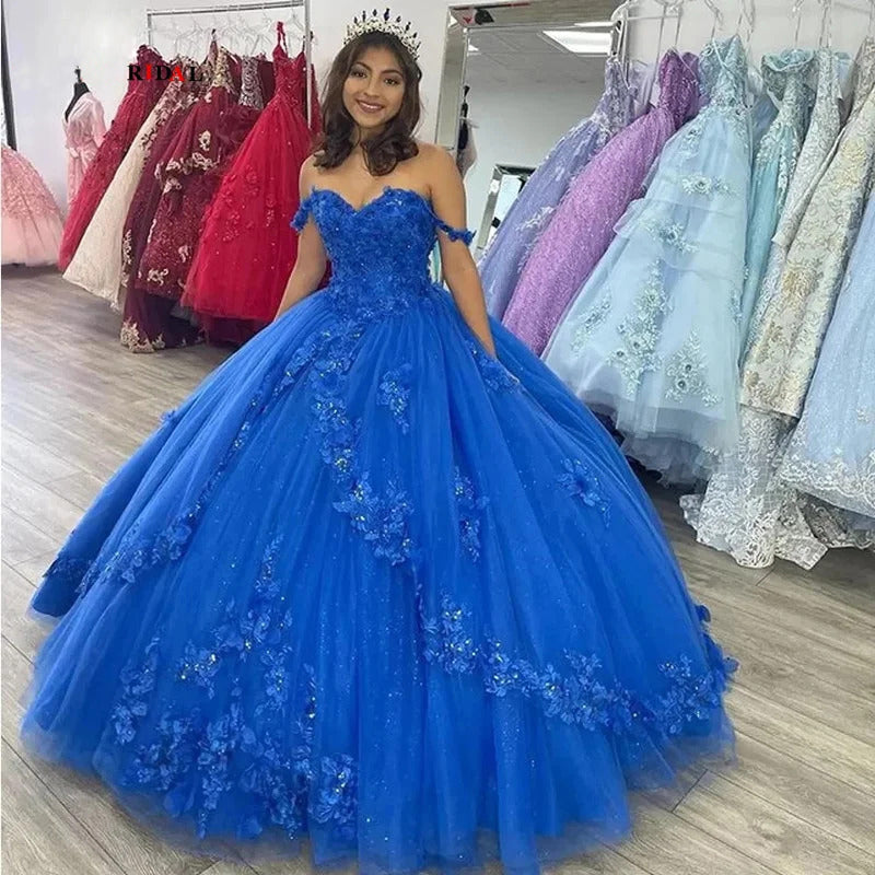 Elegant Ball Gown Off Shoulder Flowers Lace Appliques Beaded Royal Blue Tulle Quinceanera Dress For Sweet 16
