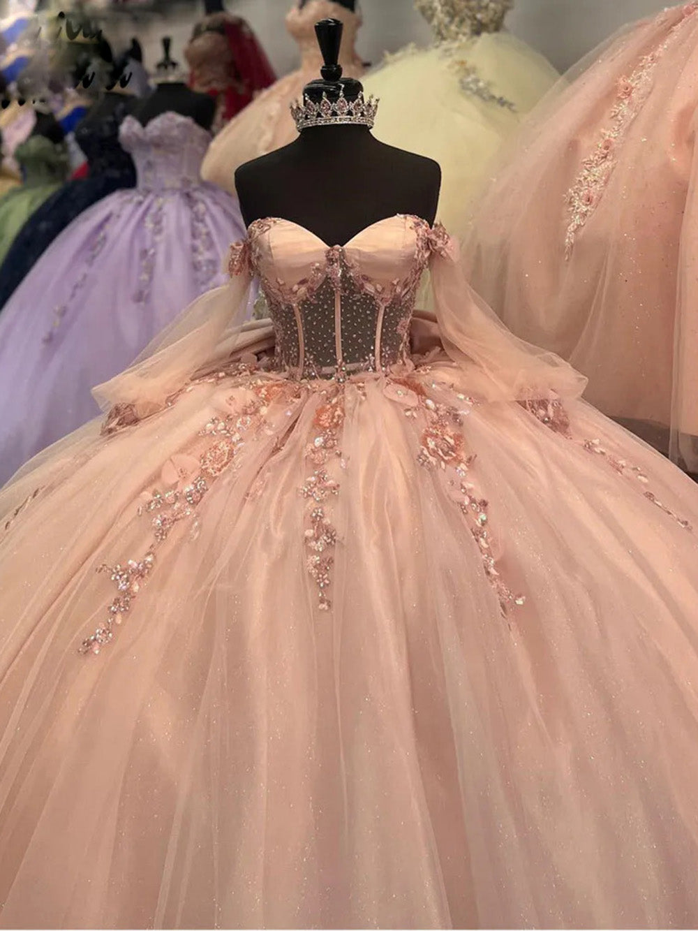 Elegant Ball Gown Off Shoulder Long Sleeves Beaded 3D Flowers Appliques Quinceanera Dress For Sweet 16