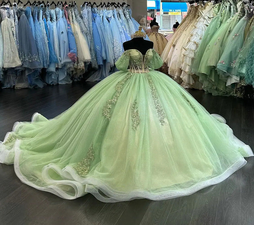 Elegant Ball Gown Off Shoulder Sequins Lace Appliques Princess Sage Green Tulle Quinceanera Dress For Sweet 16