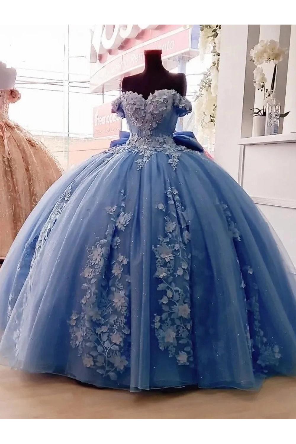 Elegant Ball Gown Off Shoulder Sleeveles 3D Flower Lace Appliques Beaded Blue Tulle Quinceanera Dress For Sweet 16