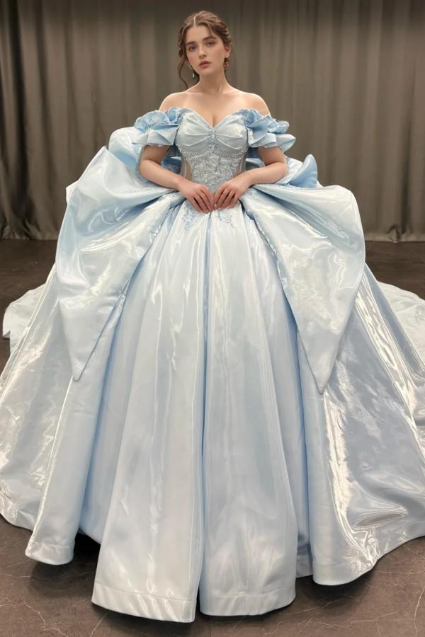 Elegant Ball Gown Off Shoulder Sleeveless Beaded Sequins Appliques Pleated Big Bow Knot Baby Blue Satin Quinceanera Dress Birthday Party Dress For Elegant Ball Gown Off Shoulder Sleeveless Beaded Sequins Appliques Pleated Big Bow Knot Baby Blue Satin Quinceanera Dress Birthday Party Dress For