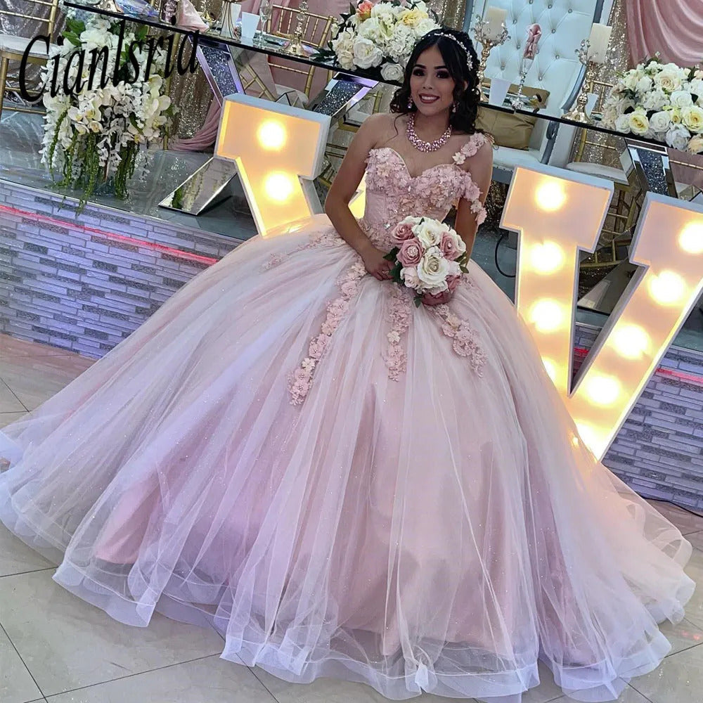 Elegant Ball Gown One Shoulder 3D Floral Lace Appliques Pink Tulle Princess Gown Quinceanera Dress For Sweet 16