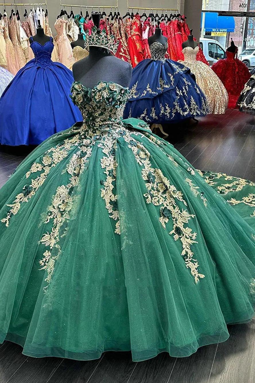 Elegant Ball Gown Strapless Bow Knot 3D Flowers Gold Appliques Merald Green Tulle Quinceanera Dress For Sweet 16