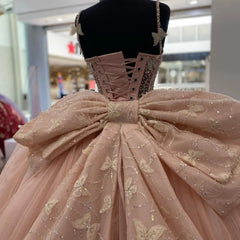 Elegant Ball Gown Strapless Spaghetti Straps 3D Butterflies Appliques Bow Knot Pink Tulle Princess Evening Dress Quinceanera Dress For Sweet 16