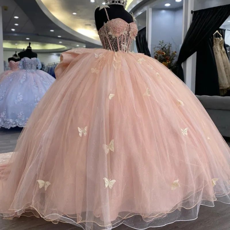 Elegant Ball Gown Strapless Spaghetti Straps 3D Butterflies Appliques Bow Knot Pink Tulle Princess Evening Dress Quinceanera Dress For Sweet 16